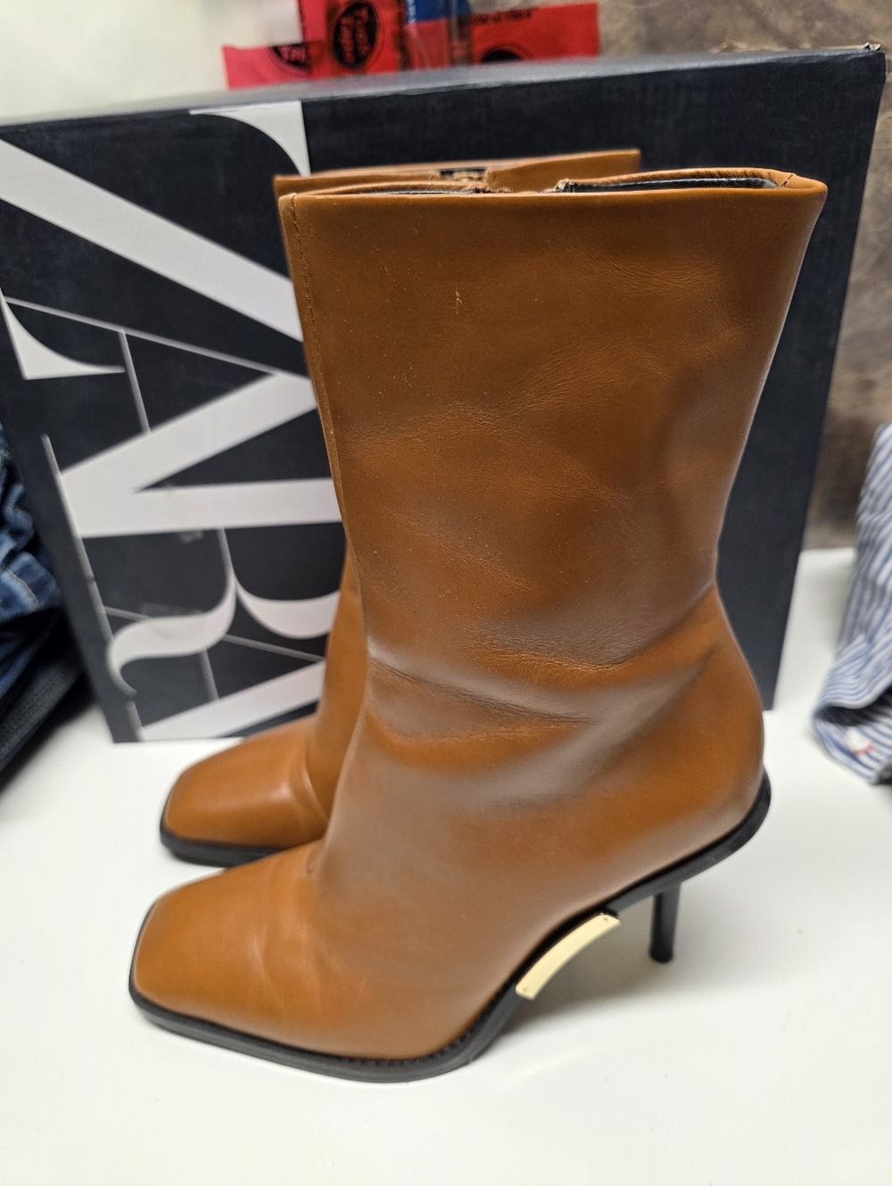 Zara Cognac Leather Mid-Calf Heeled Boots Square Toe Kitten Heel US 6.5 Or EUR37
